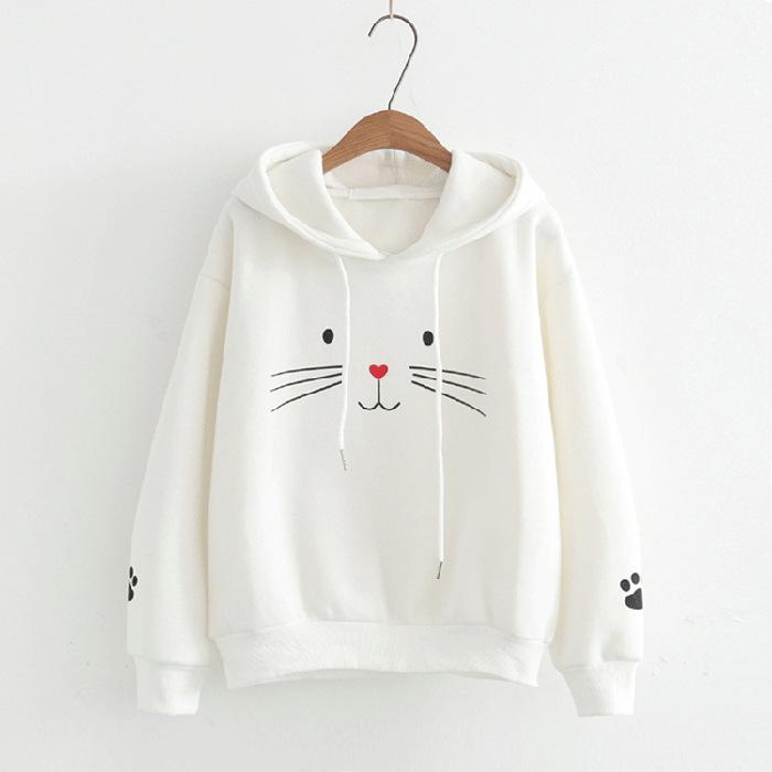 Women Warm Soft Hoodies Embroidered Cat Face Hooded Sweater Women's Fall and Winter Students Literary Cat Long-sleeved Padded Cute Sweater