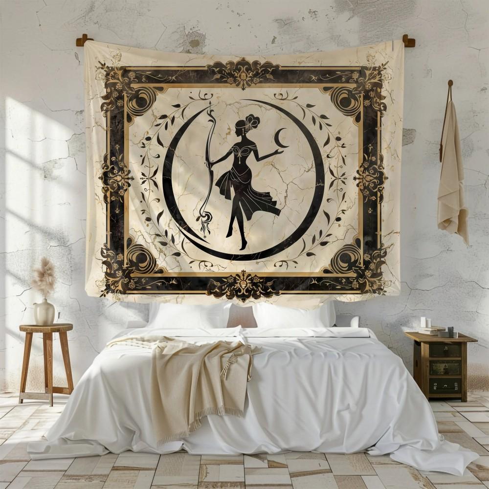 Retro Moon God Artemis Tapestry Light Luxury Black Gold Silhouette Living Room Background Cloth Room Decoration