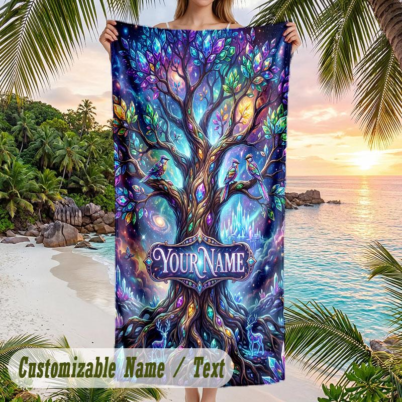 Forest Creatures Night Theme Quick Dry Beach Towel Custom Name Text Print Large Sand Resistant Towel Beach Vacation