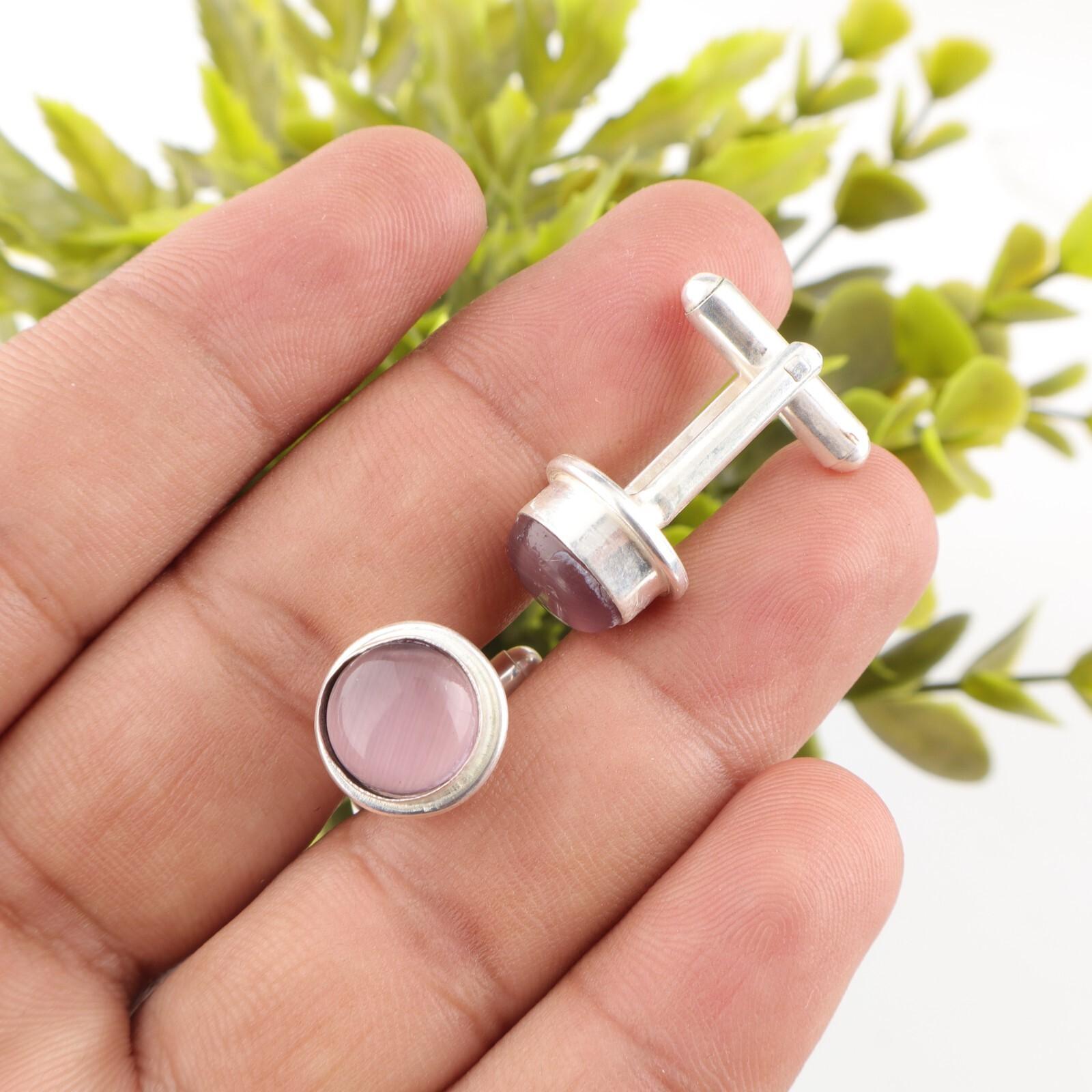 

925 Sterling Silver Purple Cat s Eye Gemstone Cufflink Handmade Wedding Jewelry CL-4-27