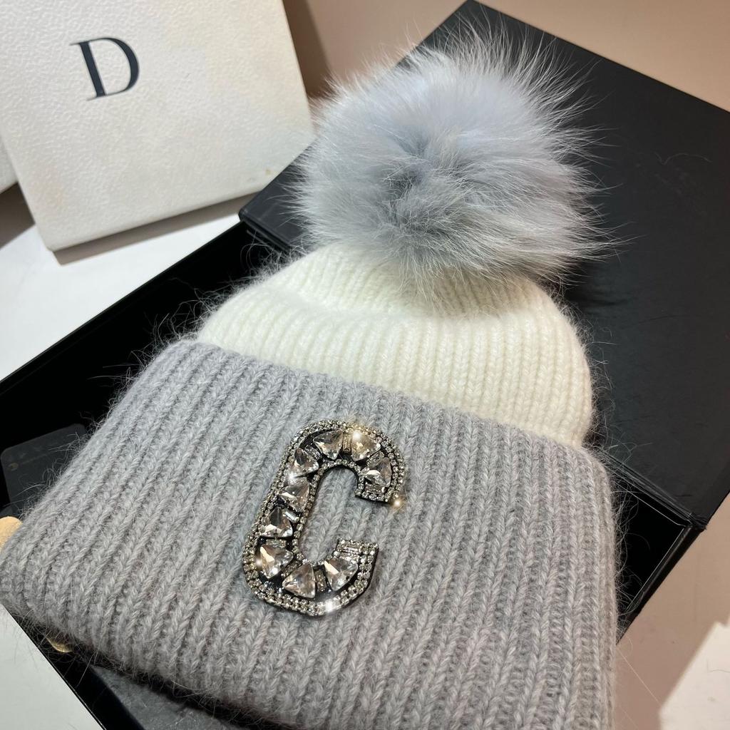 C Russian Winter Outdoor Thickened Double-Layer Warm Rabbit Fur Knitted Hat Northern Cold Fox Hairball Ear Protection Hat