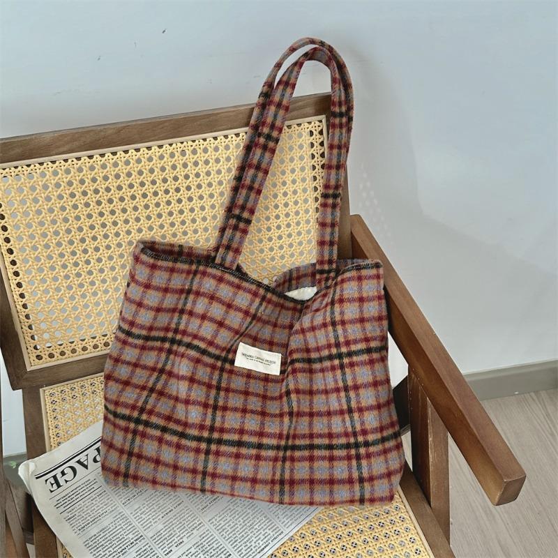 

11 осенне-зимняя шерстяная клетчатая сумка через плечо, большая вместительная сумка, ретро, для студентов, для поездок на работу, модная женская сумка