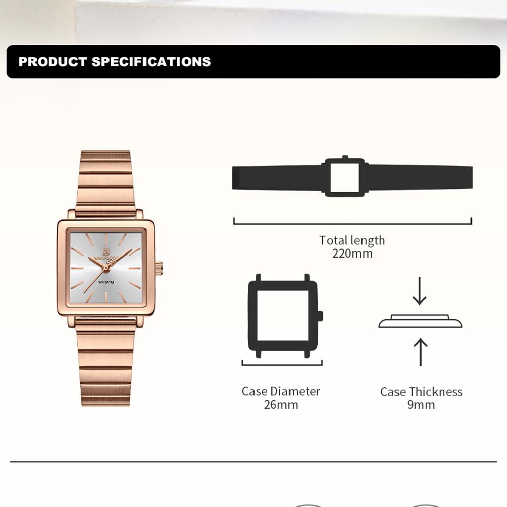 Naviforce Original Women Watch Square Dial 30m Waterproof Stainless Steel Strap Quartz Watch Casual Fashion Elegant Ladies Wristwatch NF5048