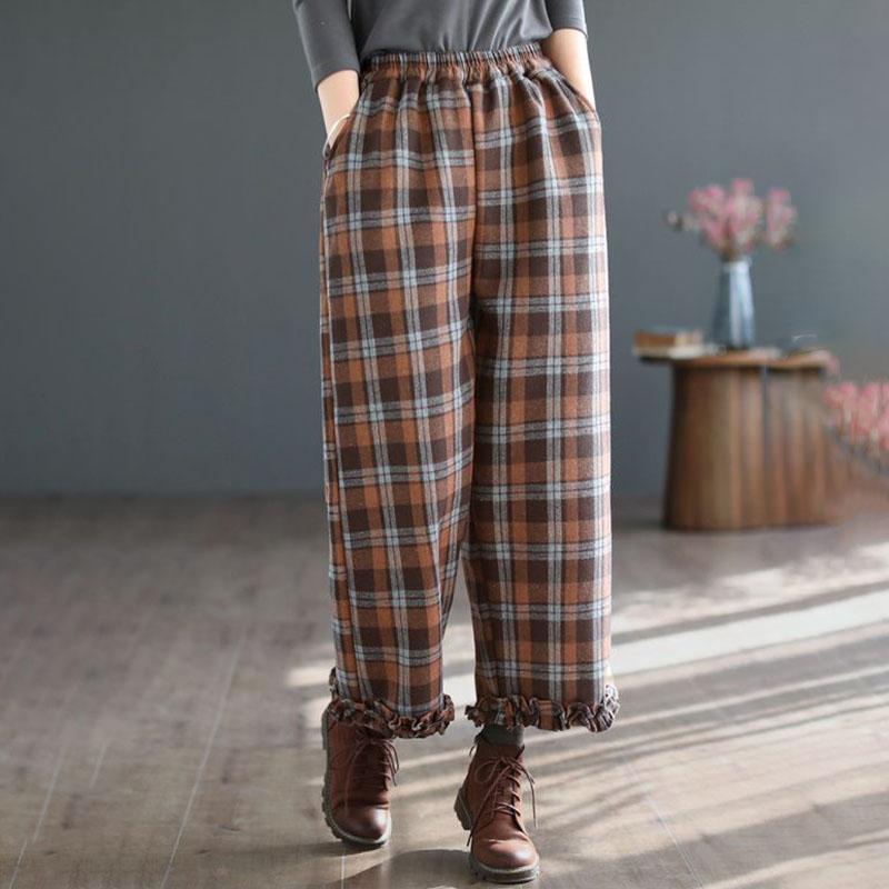 

Брюки для женщин Эластичные с высокой талией Длинные брюки Большого размера Утепленные Эластичные Универсальные Повседневные Брюки с широкими штанинами XXL кофейный