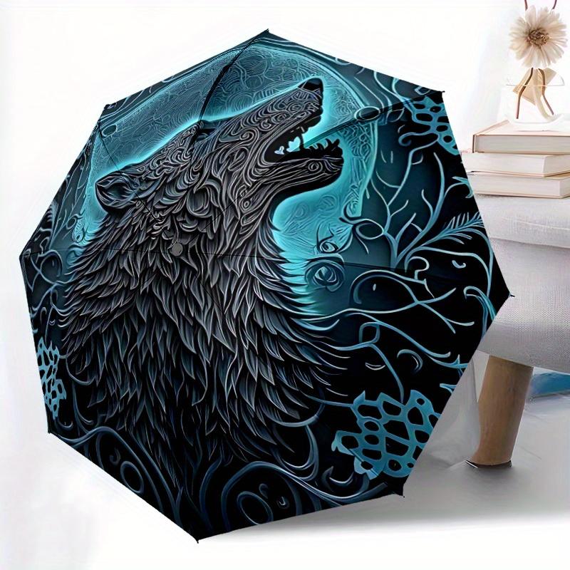 1pc Wolf Moon Compact Travel Umbrella, Automatic Folding Lightweight Windproof 8-Bone Reinforced Design, Portable for Backpack Durable Canop