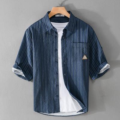Summer Tops for Men Japan Retro Style Stripes Man Shirts Pocket Half Sleeve Butto Bubble Casual Shirt