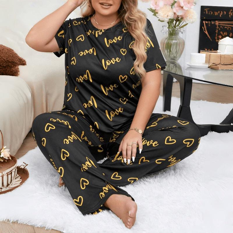 Frühling Sommer Übergröße 5XL Damen Grafikdruck Pyjama Set Zweiteiliger Schlafanzug Anzug Loungewear Kurzarm Oberteil und Hose Pyjama Damen Homewear