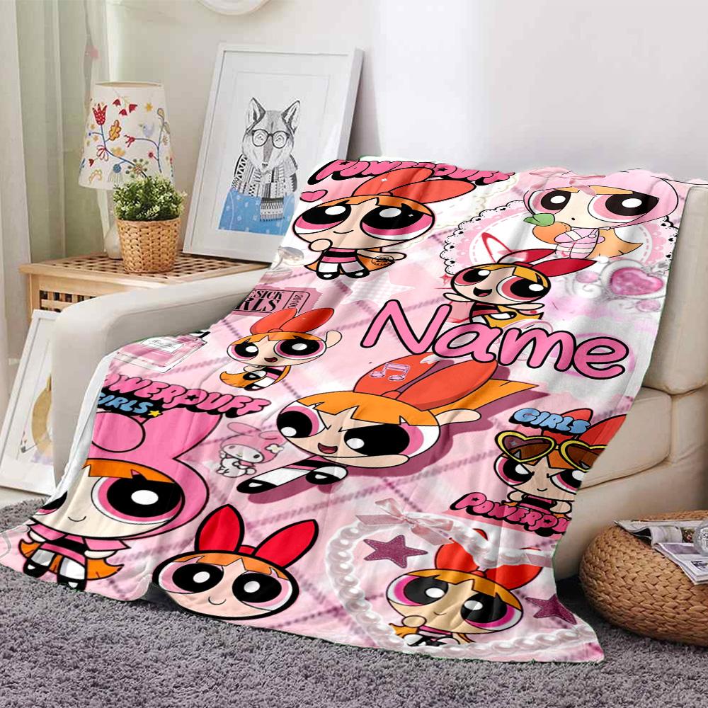 Custom Name Powerpuff Girls Halloween Flannel Blanket for Super Soft Cute Comfort Blanket for Travel Bedding Couch Sofa Blanket