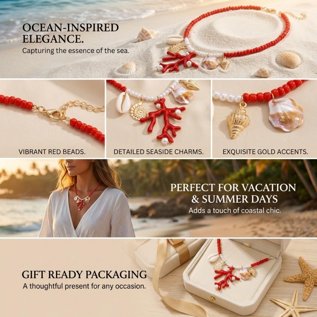 Summer Rice Beads Resin Coral Shell Pendant Necklace For Women Men Boho Summer Conch Choker Vacation Party Fashion Jewelry Gifts
