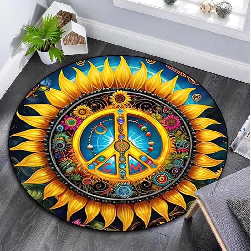 Sunflower Peace Sign Circular Rug Office Decorative Carpet For Living Room Bedroom Door Mat Floor Carpet Computer Chair Area Rug