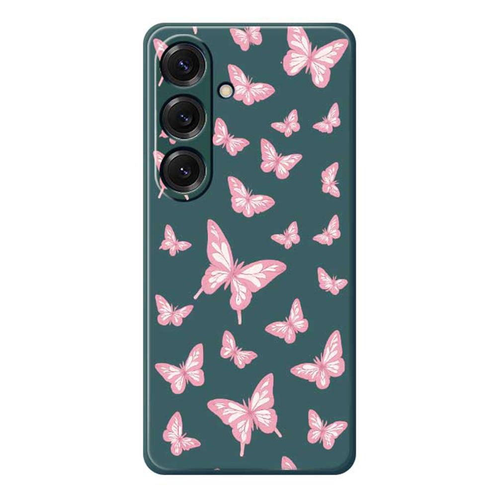 

For Samsung Galaxy S25 Case Pink Butterflies Pattern Printing Straight Edge TPU Phone Back Cover Green