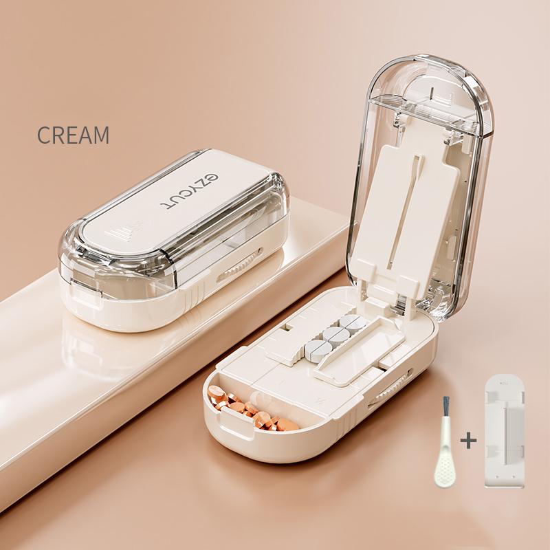 

2 In 1 Pill Cutter Storage Box With Replacement Blade & Cleaning Brush Portable Compartments Travel Small Health Care Pill Case