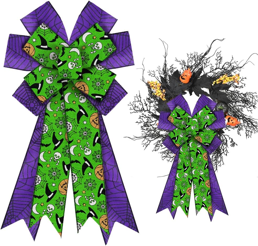 

Large Halloween Bows for Wreath Burlap Green Pumpkin Décor Spider Web Purple Bows for Front Door Tree Topper Decoration Supplies 20.86 x 11.42 in