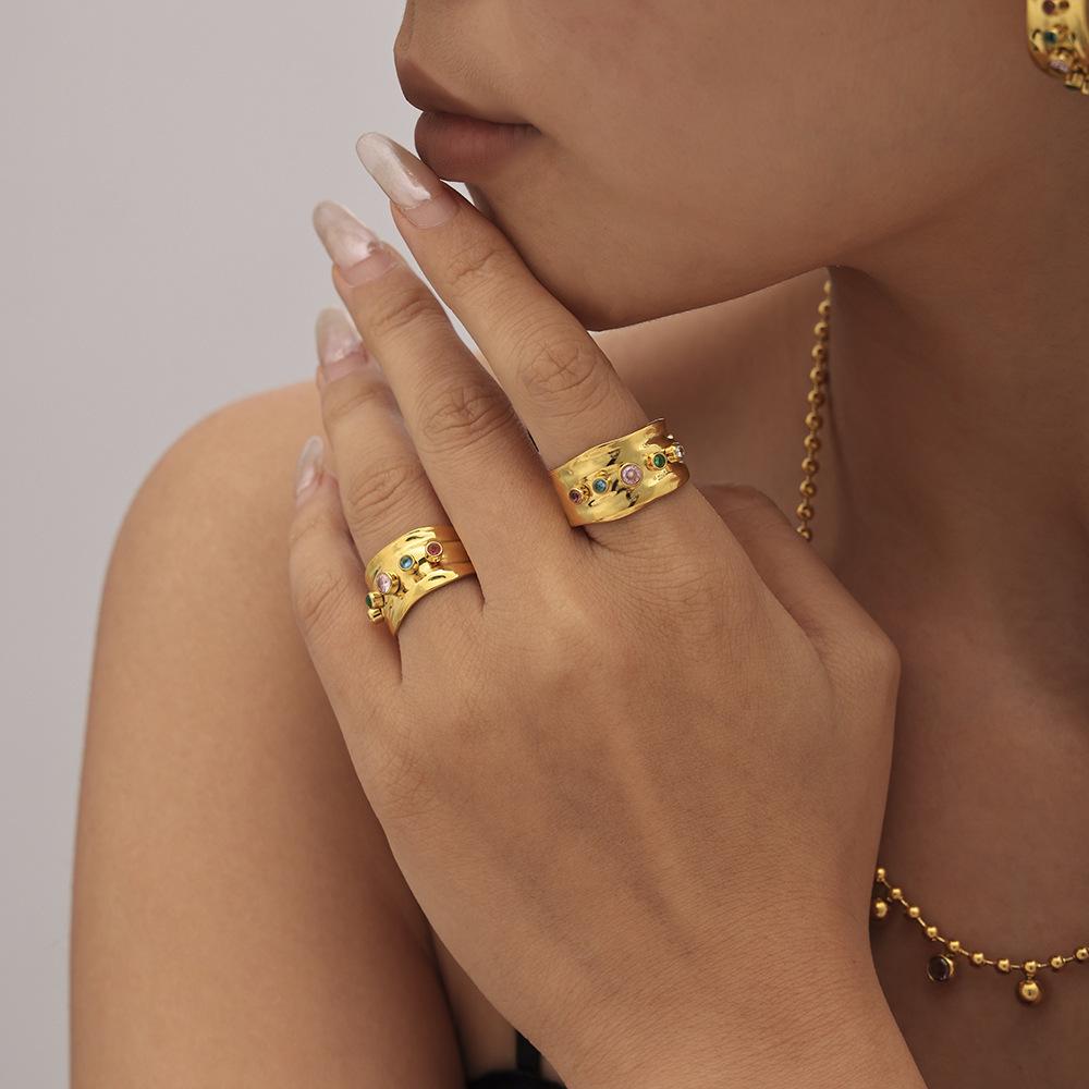 Qiong Yao Mixed Color Cubic Zirconia Open Ring C-shaped Earrings, 18K Gold Plated Stainless Steel Jewelry Set for Women