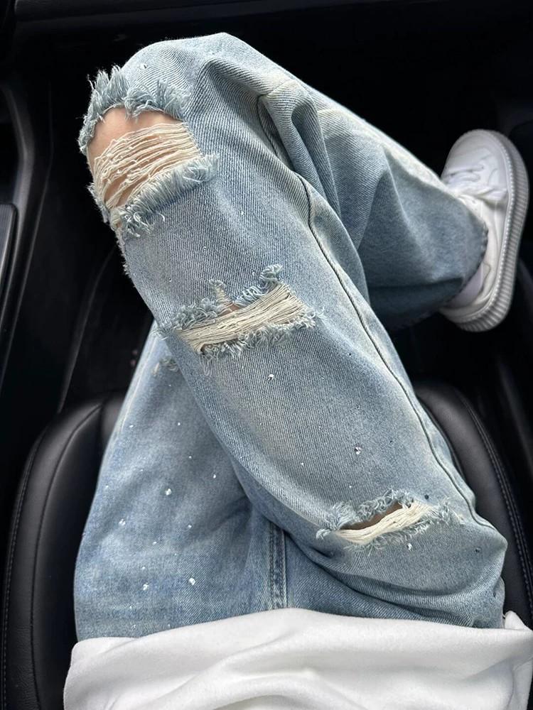 American Retro Blue Hot Diamond Ripped Jeans Trendy Brand Ruffian Handsome Fried Street Pants Men's Cleanfit Straight Pants