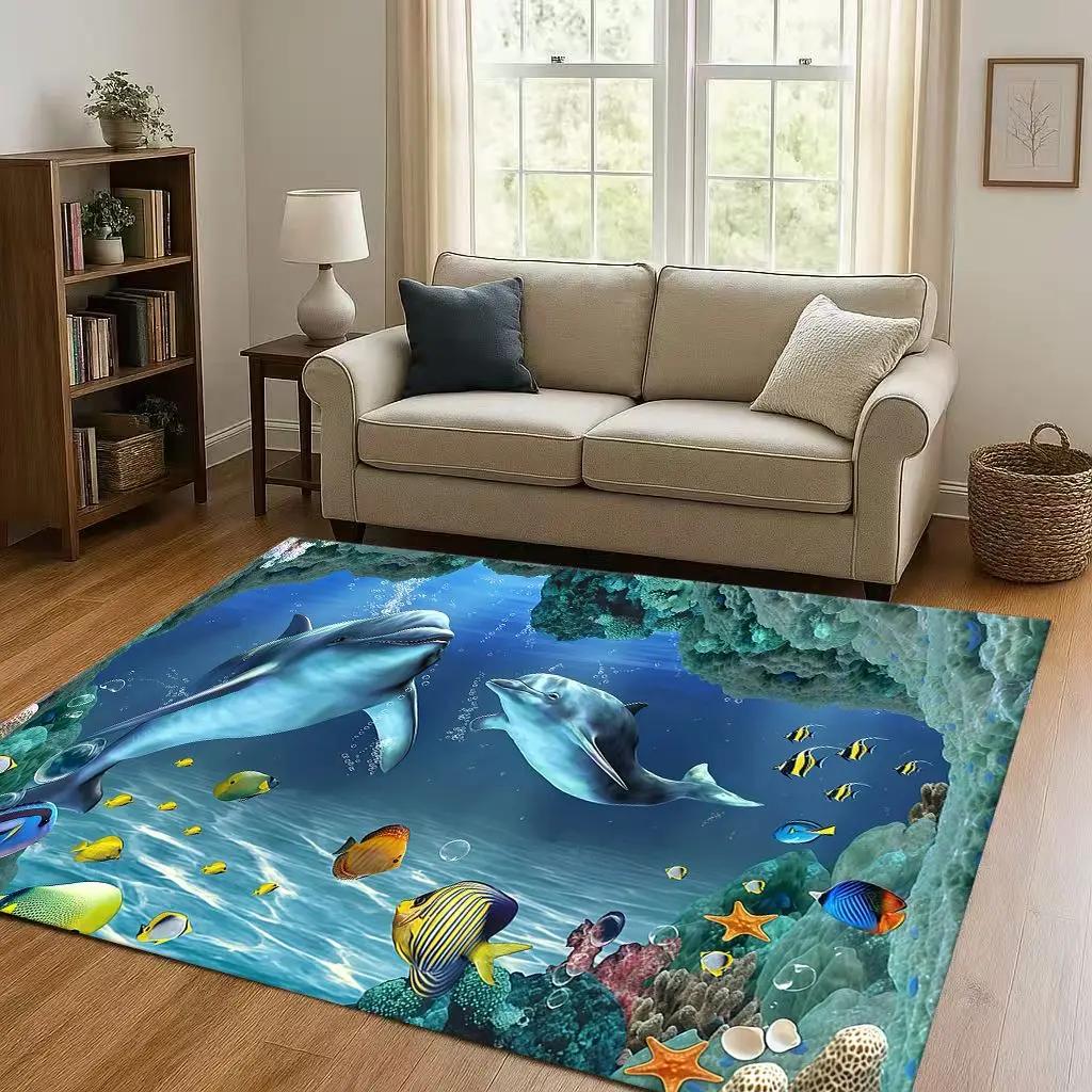 3D Illusion Underwater World Breaking Wall Living Room Non-Slip Area Rug Carpet for Bedroom Playroom Sofa,Home Decor Doormat