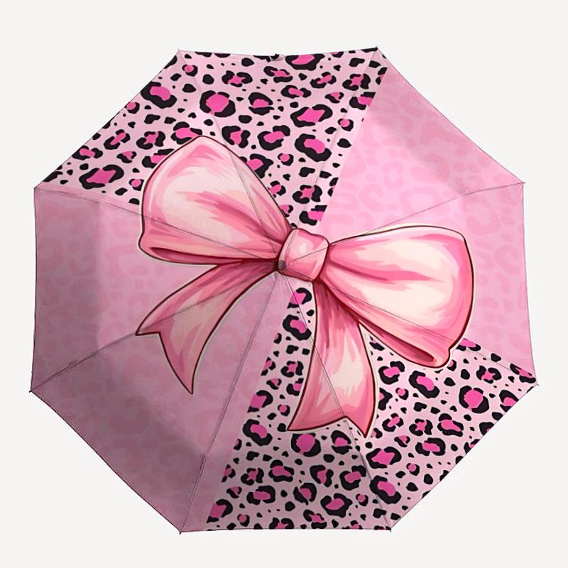 1pc Pink Leopard Print Bow Automatic Folding Umbrella Durable Iron Frame,All Seasons Home Travel Outdoor Multifunctional Umbrella Yy251115172