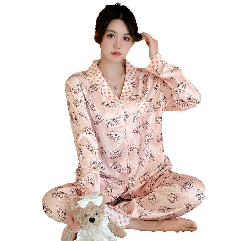 Spring Cartoon Cute Polka Dot Bear Pajamas Women'S Long-Sleeved Lapel Loose And Comfortable Loungewear