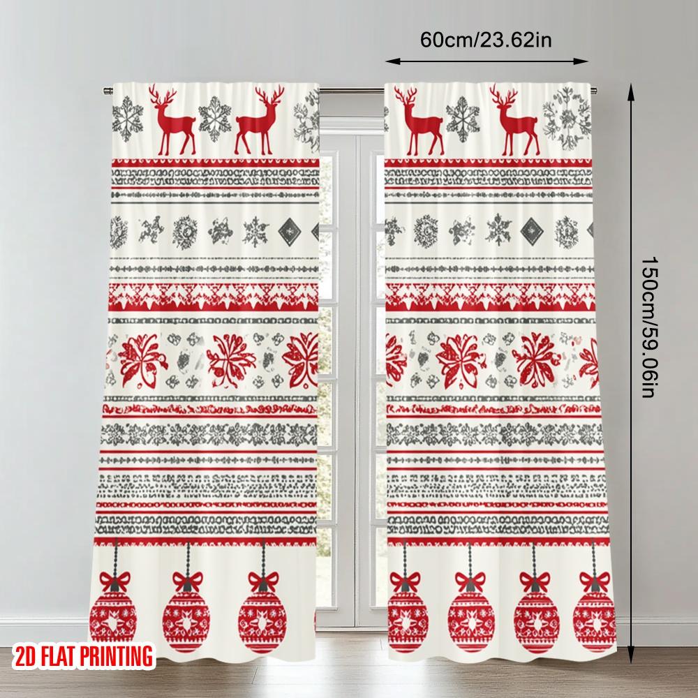 2 Stück 2D Flachdruck Weihnachtsvorhänge Weihnachtsrentier-Ornamente Festliches Design Digitalbedruckte Polyester-Vorhänge Geburtstag
