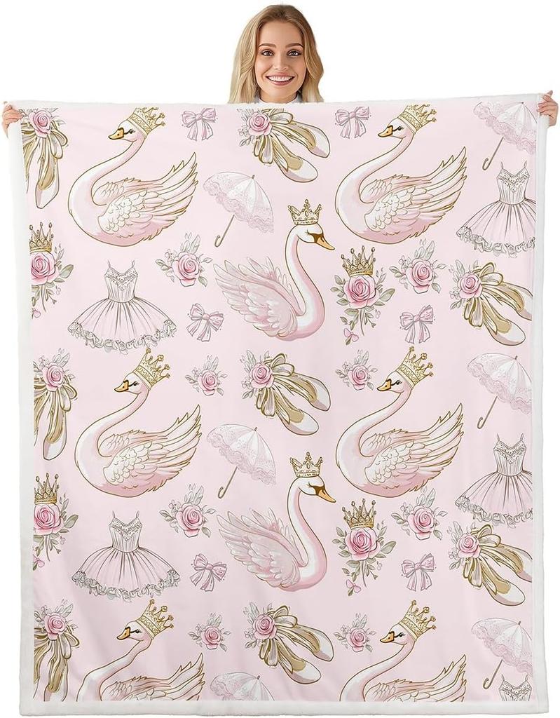 White Swan Fleece Throw Ballet Theme Pink Plush Blanket for Kids Room Decor with Crown Bowknot Roses Flowers Twin X