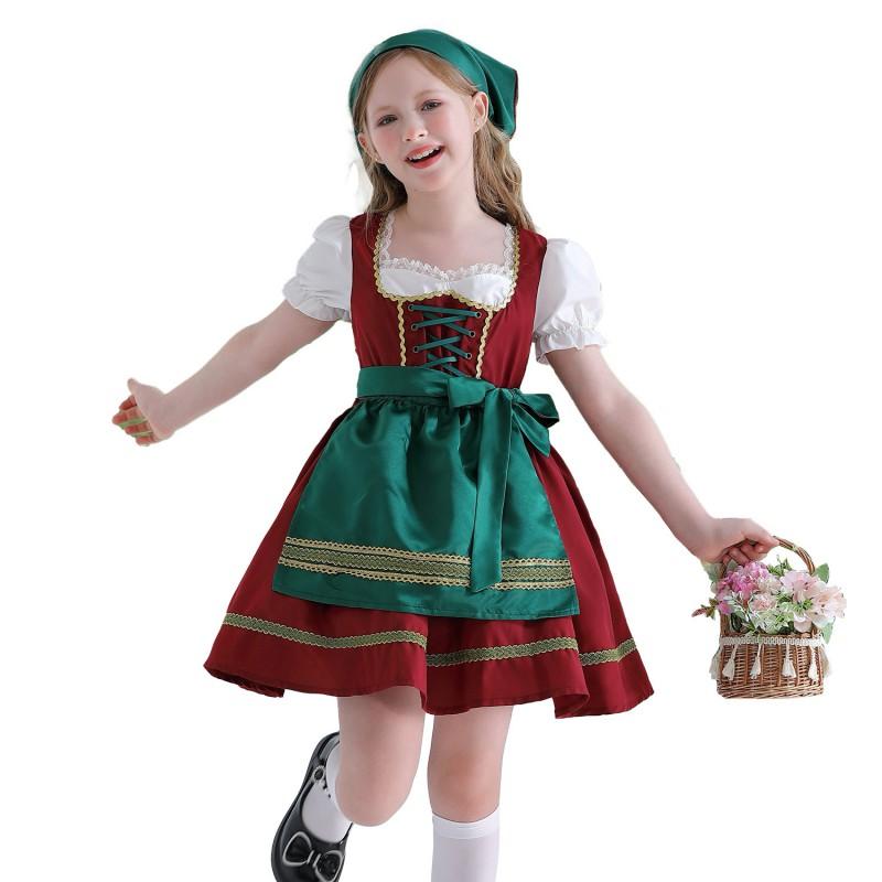 Bavarian Dirndl Dress Girls Oktoberfest Costume Farmhouse Lolita With Apron Headscarf