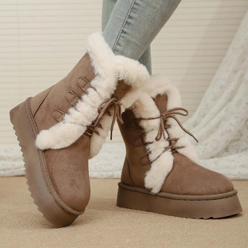 Vintage Furry Warm Snow Boots for Women Winter Platform Anti Slip Snow Boots Woman Faux Suede Lace Up Cotton Shoes Mujer
