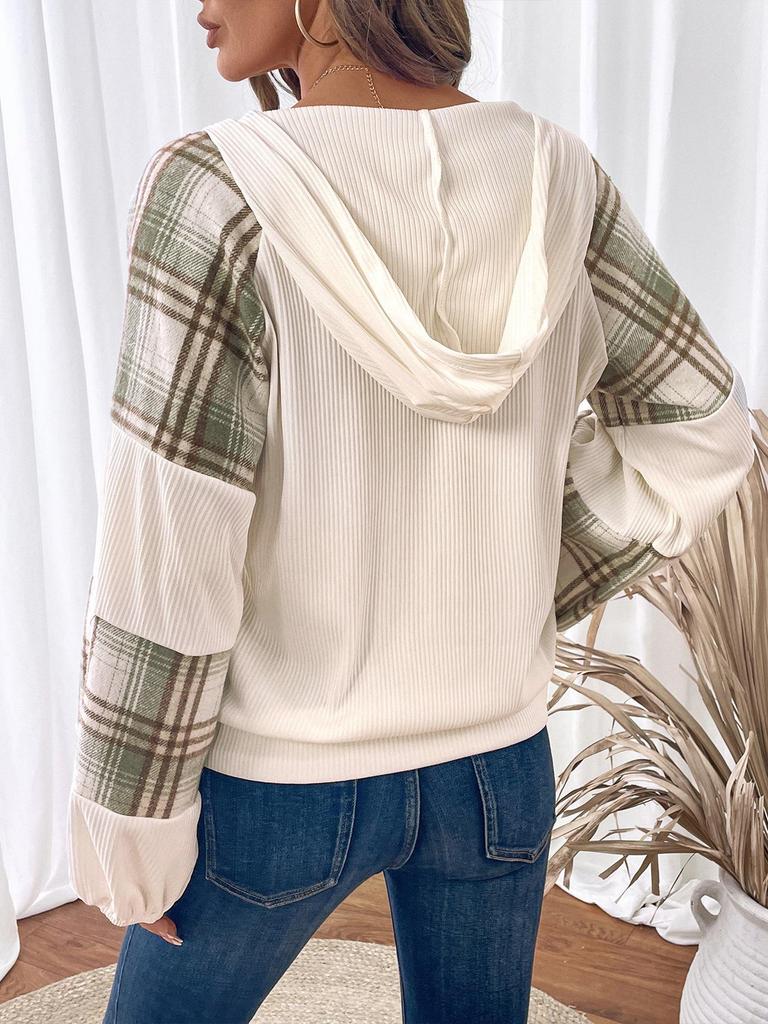 TikTok Europe 2026 Autumn/Winter Women's Plaid Patchwork Lantern Sleeve Hooded Sweatshirt