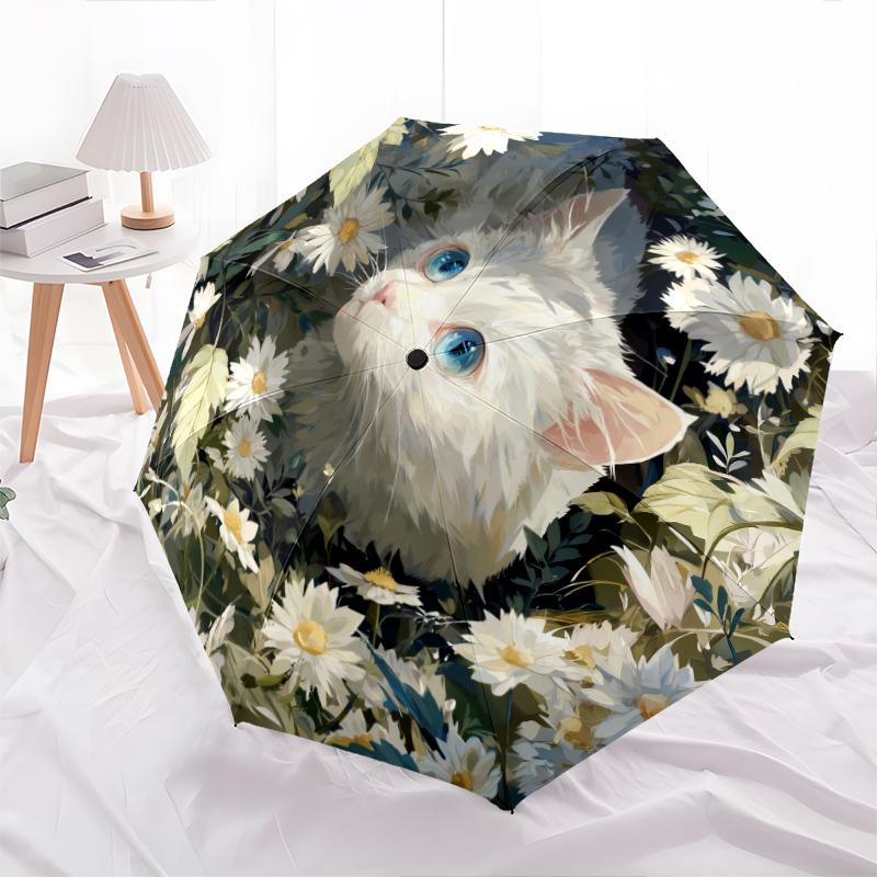

Cat and Bird in Flower Bushes pattern, automatic folding umbrella, portable and foldable design, 8 ribs, a Christmas or birthday gift.