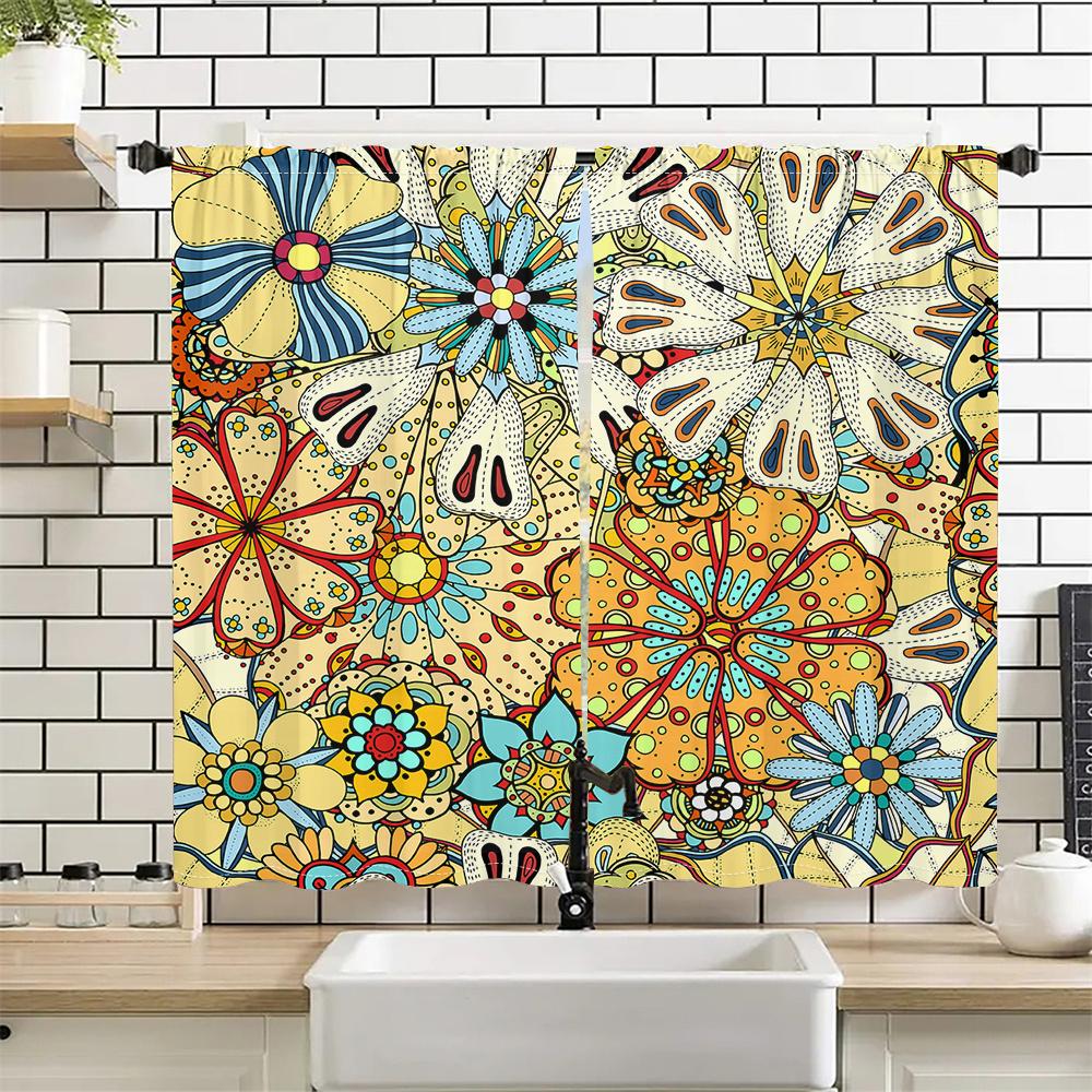 2Pcs Retro Floral Curtains Colorful Hand-drawn Pattern Living Room Study Sunshade Bohemian Style Decor Curta