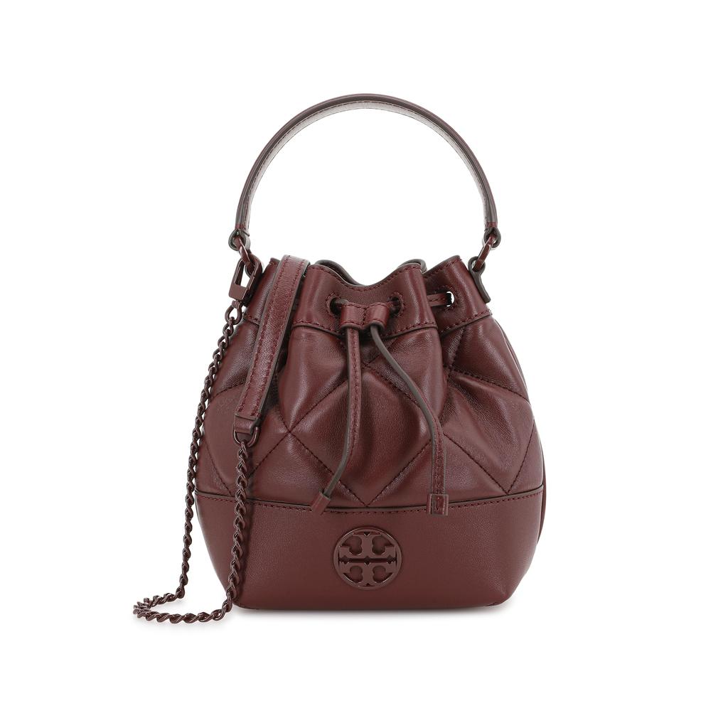 Tory Burch Willa Metallic Double T Logo Diamond Quilted Drawstring Closure Detachable Chain Shoulder Strap Leather Bucket Bag Mini 139289-639