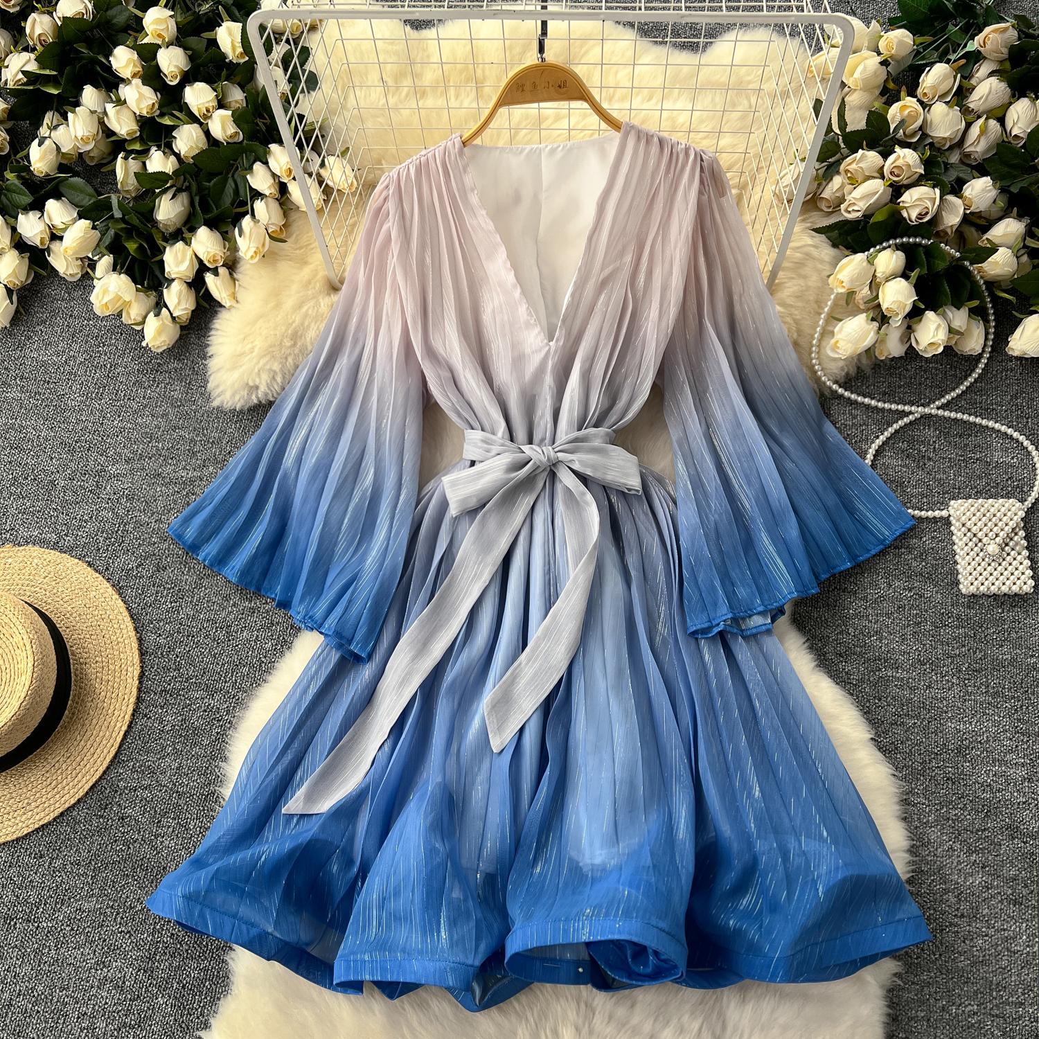 

Элегантное женское платье с градиентной повязкой, тонкая талия, халат с расклешенными рукавами, винтажные летние платья с оборками, 2024, Vestidos De Mujer One Size синий