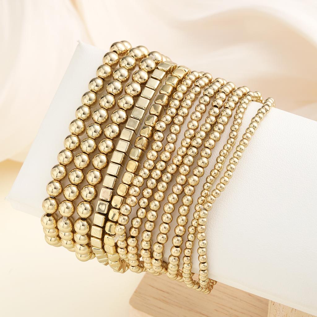 12pcs/set Vintage Punk Handmade Block Ball Beaded Bracelets for Women Gold Color Stretchy Bracelets Simple Fashion Party Jewelry