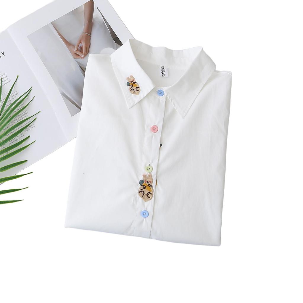 2026 Spring Plus Size Women's Cotton Long Sleeve Embroidered Shirt, Colorful Button Lapel Cardigan, Versatile Top 070