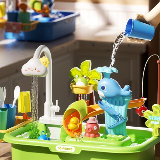Toddlers Sand And Water Table Toy, with Faucet, Play Food Accessories, Fishing Toy, Kitchen Play Sink Toy with Electric Water Pump for Boys, Girls
