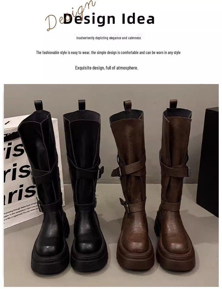 Small Over-the-Knee Height-Increasing Retro Boots with Buckle, Versatile for Autumn, In Stock