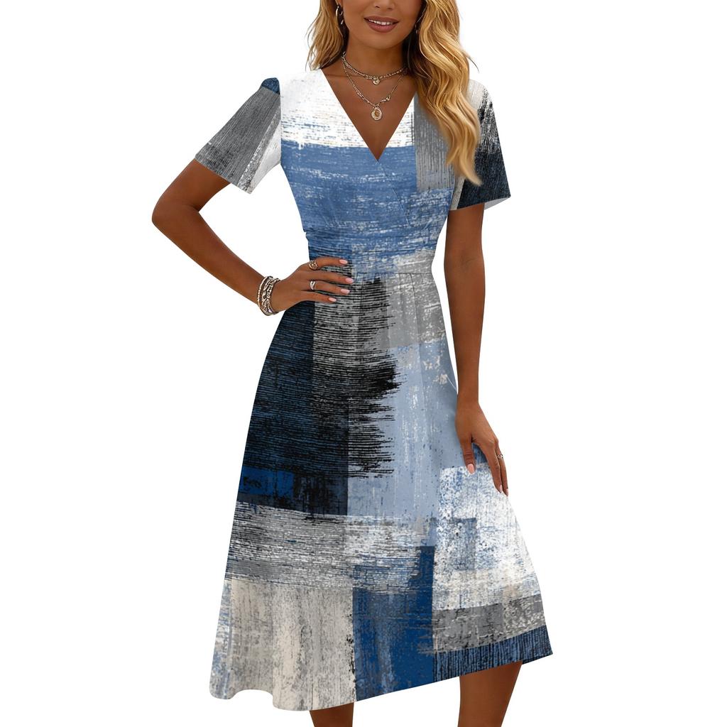 Women’s Casual Vintage Floral Print Short Sleeve V Neck Midi Dress with Relaxed Fit Lightweight Fabric