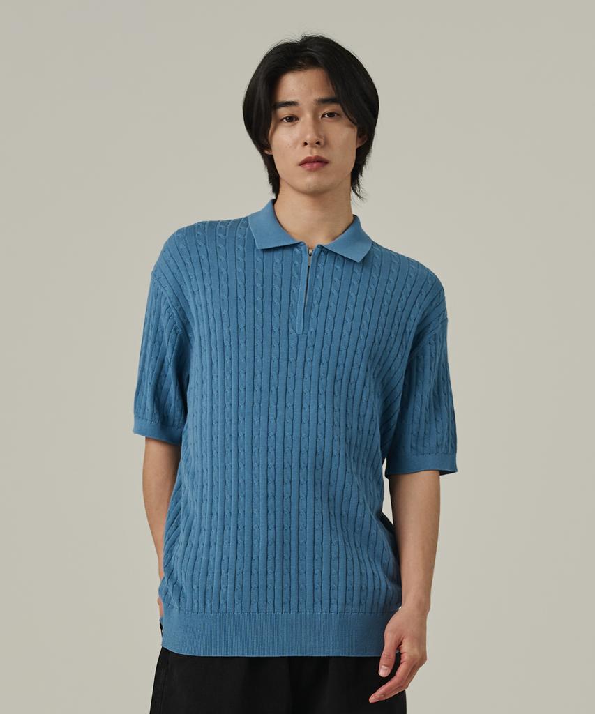 ANALOG MOOD Cable Half-Zip Collar Short-Sleeve Knit (Sky Blue)