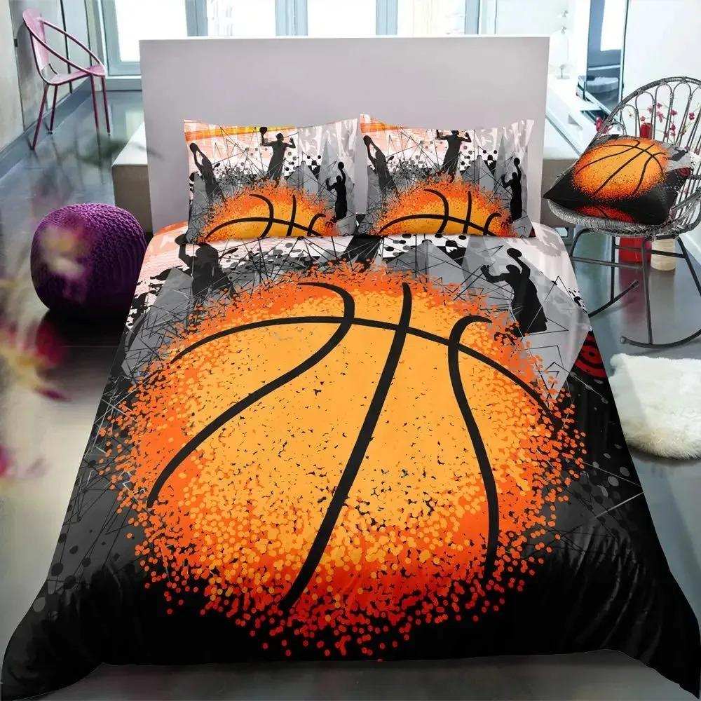 Boys Basketball Duvet Cover Set Black 3D Ball Sports Bedding Set For Boys Men Basketball Court Competitive Games Comforter Cover