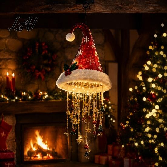 Warm LED String Lights Christmas Hat Hanging Lantern Glowing Santa Cap Decorative Light with Durable Fabric Holiday Decor And Pendants Pendant
