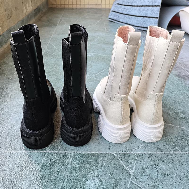 Dámské Béžová Černá Střední kozačky Jaro Podzim Přírodní kůže Hovězí kůže Šití Chelsea Boots Boty