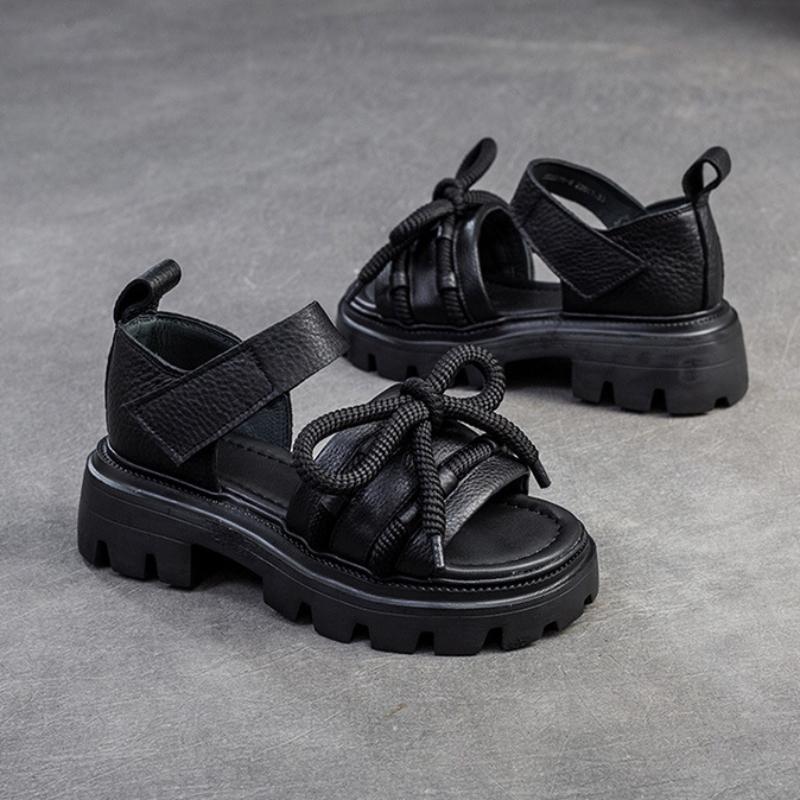 Johnature Versatile Peep Toe Hook & Loop Sandals Retro Genuine Leather Thick Soled Women's Shoes