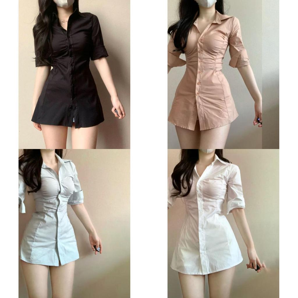 Sexy Girl Style Shirt Dress With Pleated Design And Splicing For Dating And Travel