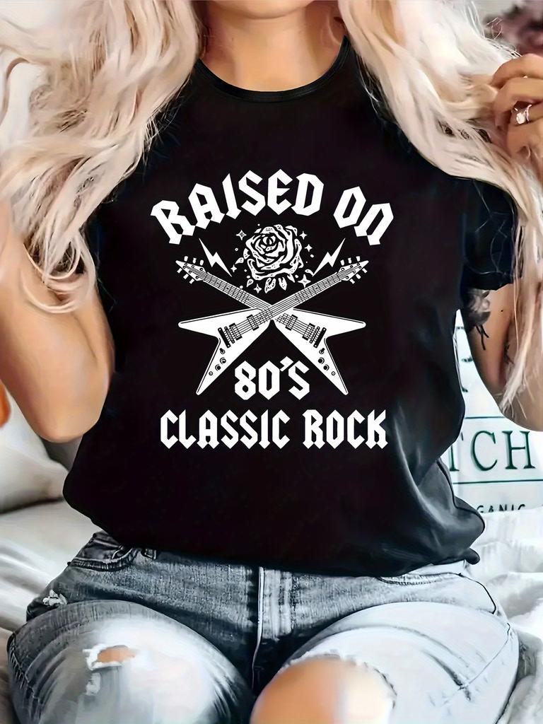 Plus Size - Women'S Plus Size "Raised On 80'S Classic Rock" Graphic Unisex T-Shirt - Bright Green, Round Neck, Short Sleeve, Stretch Fabric, Casual Al