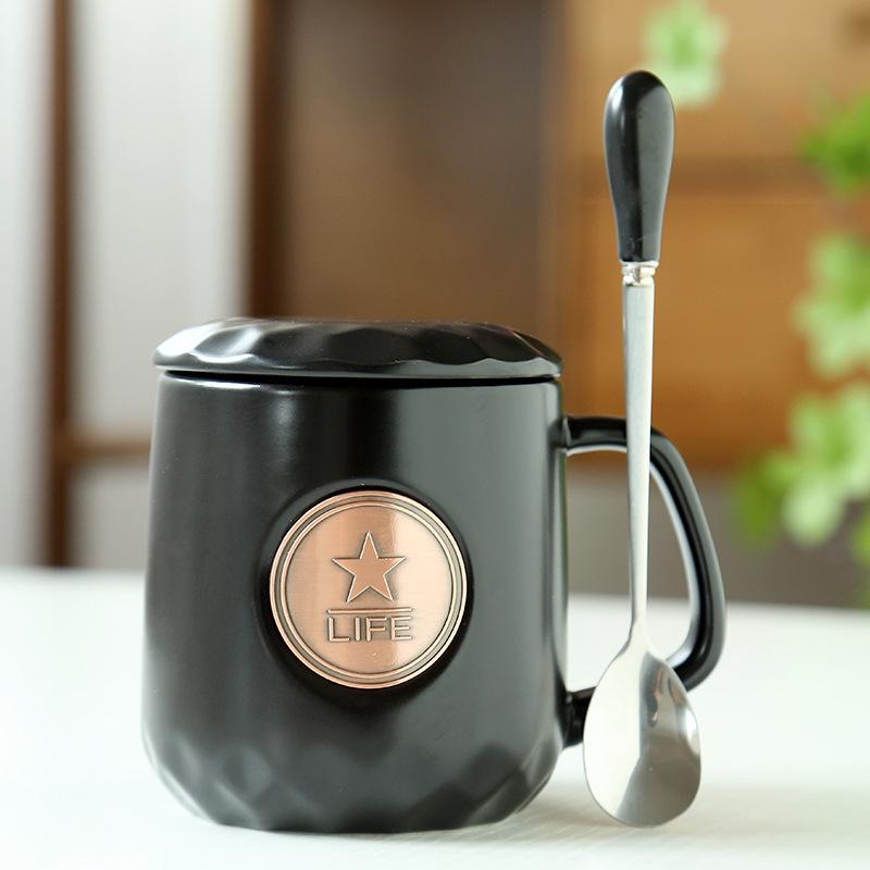 Ceramic Coffee Mermaid Copper Stamp Xingba Wind Ceramic Cup With Lid Spoon