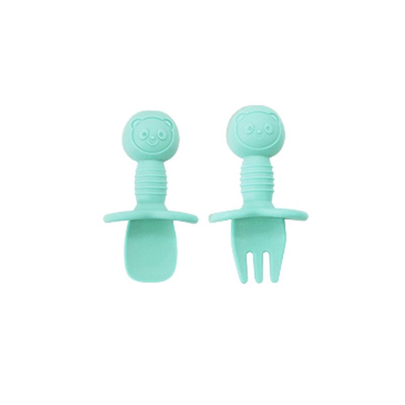 

Детская силиконовая тарелка с секциями и набор ложки и вилки с мультяшным мишкой - Небьющаяся детская посуда для кормления