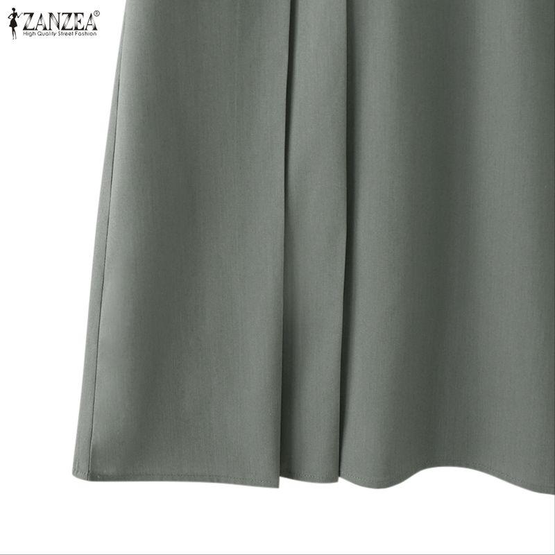 ZANZEA Womens Casual Lapel Collar Solid Color Short Sleeve Elegant A-line Dress