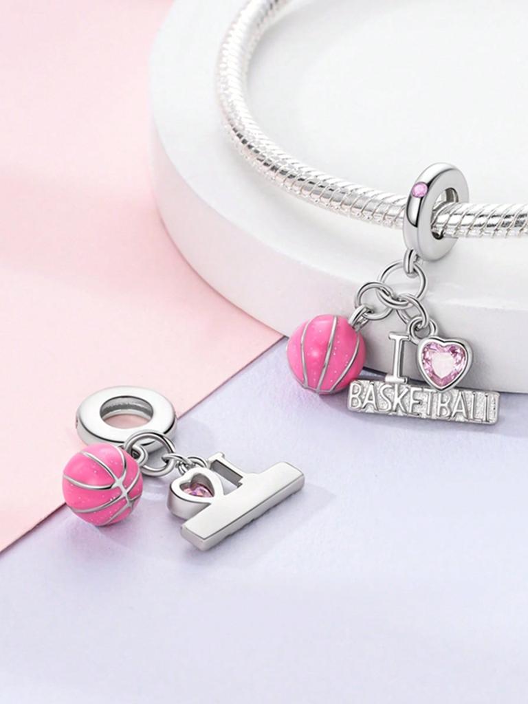 Copper Metal Plated Authentic Original Charm Bead Components Pink Heart Basketball Bead Components Compatible With Bracelet High Quality Fine Jewelry