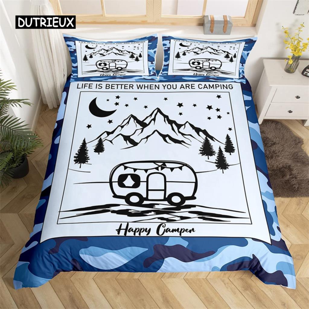 

Пододеяльник для кемпинга из микрофибры Galaxy Stars Moon Happy Camping Одеяло для кемпинга Camper Truck Geometry Mountain Trees Комплект постельного белья EU single(135x200cm)