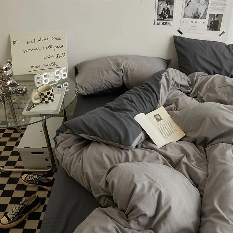 Fashion Solid Color Bed Sheet Style Duvet Cover Set Ab Double-Sided Color Matching Comfortable Sets Washed Cotton Bedding