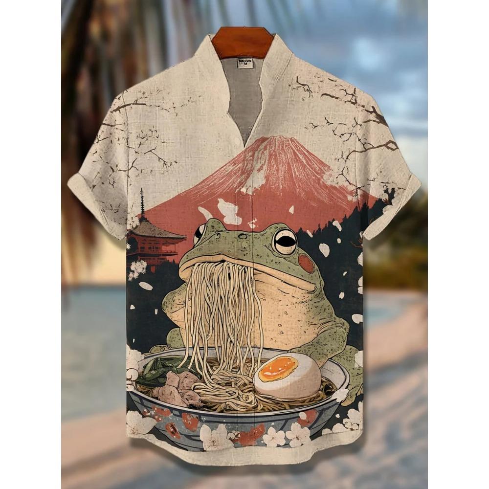Men's Japanese Style Kimono Cat Printed Linen Shirt Summer Fashionable Stand Up Collar Short Sleeve
